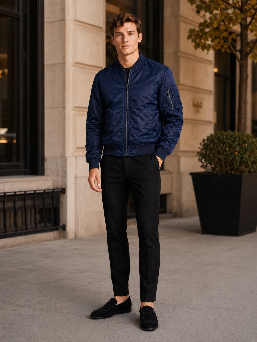 Man styling navy bomber jacket in a refined streetwear and everyday lifestyle outfit