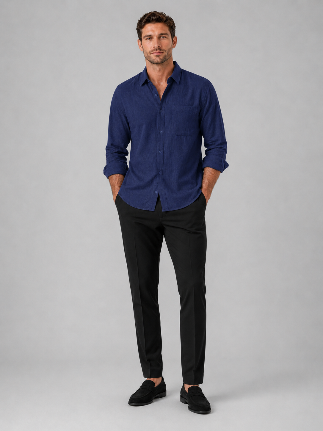 Navy button down shirt for men long sleeve summer top for vacation and everyday wear