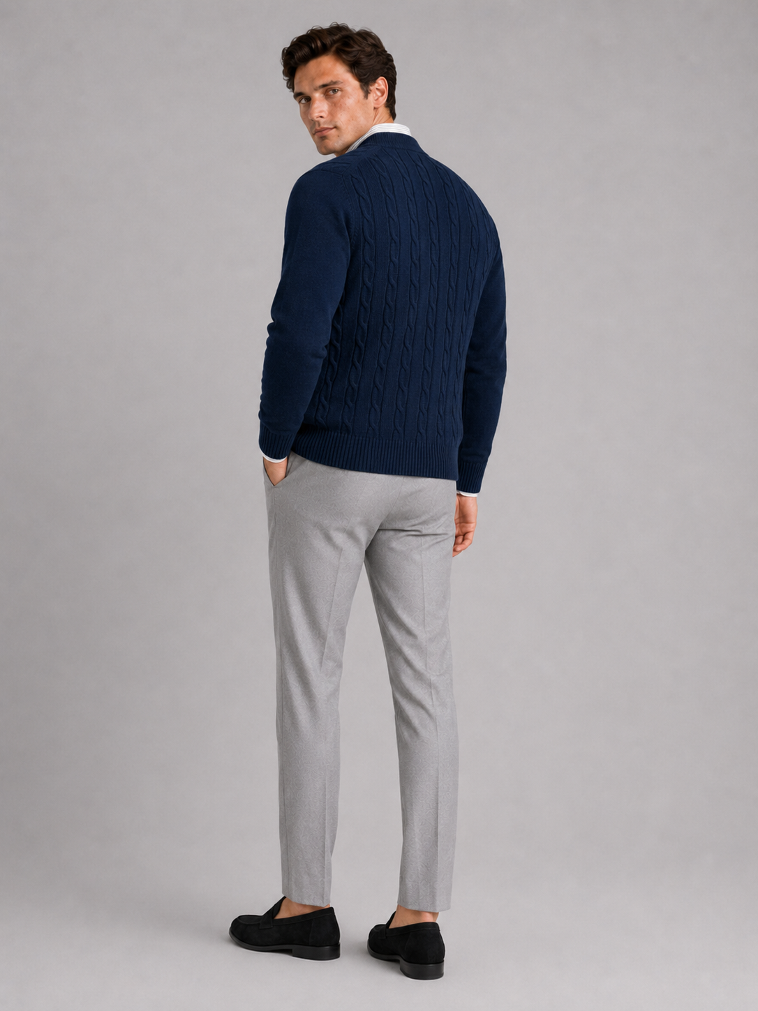 Men’s navy cable knit cardigan comfortable long sleeve sweater for everyday outfits
