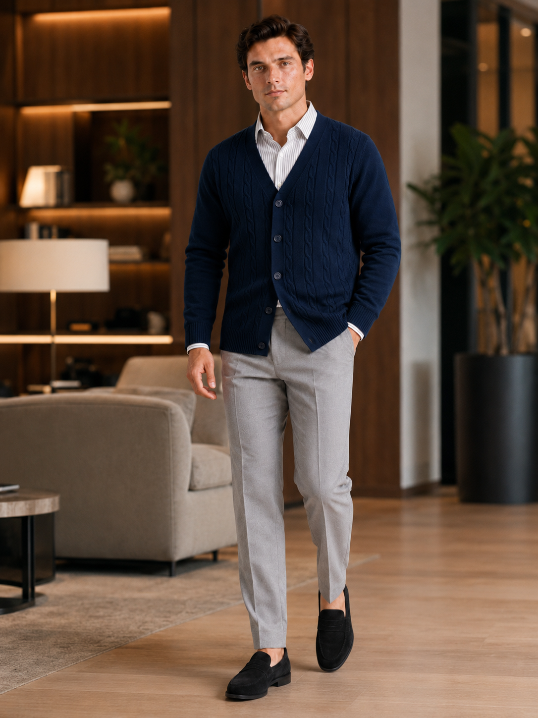 Man styling navy cable knit cardigan in a polished fall winter lifestyle outfit