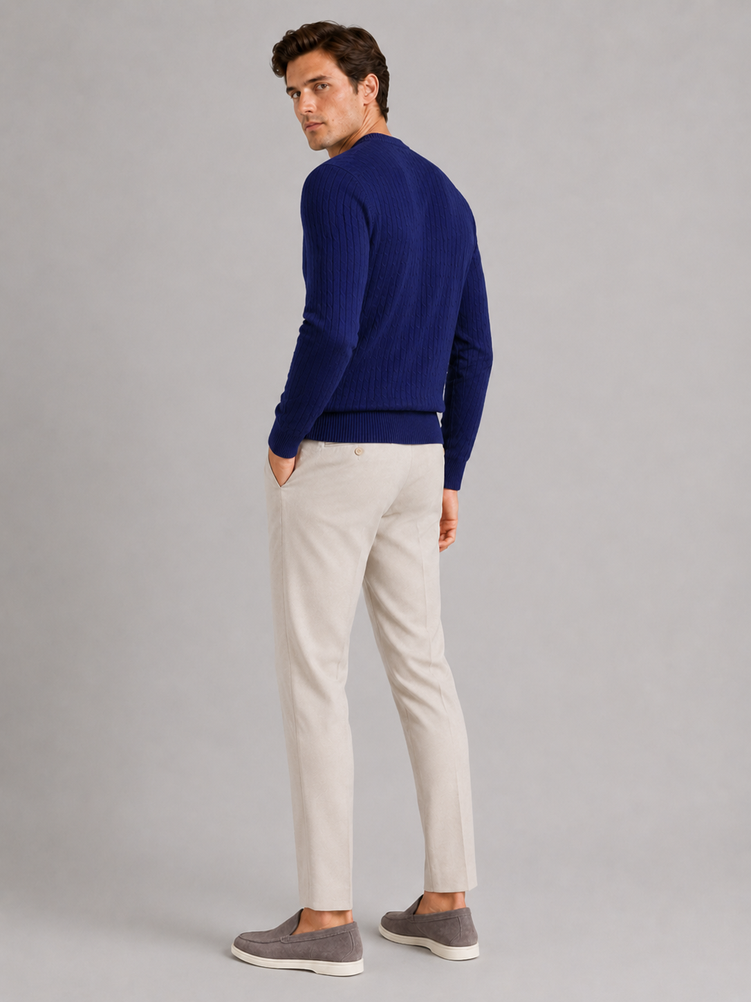 Men’s navy cable knit pullover soft lightweight sweater for business casual outfits