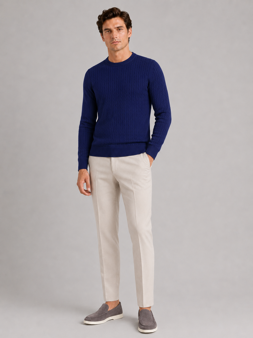 Navy crew neck cable knit sweater for men lightweight pullover for everyday spring wear