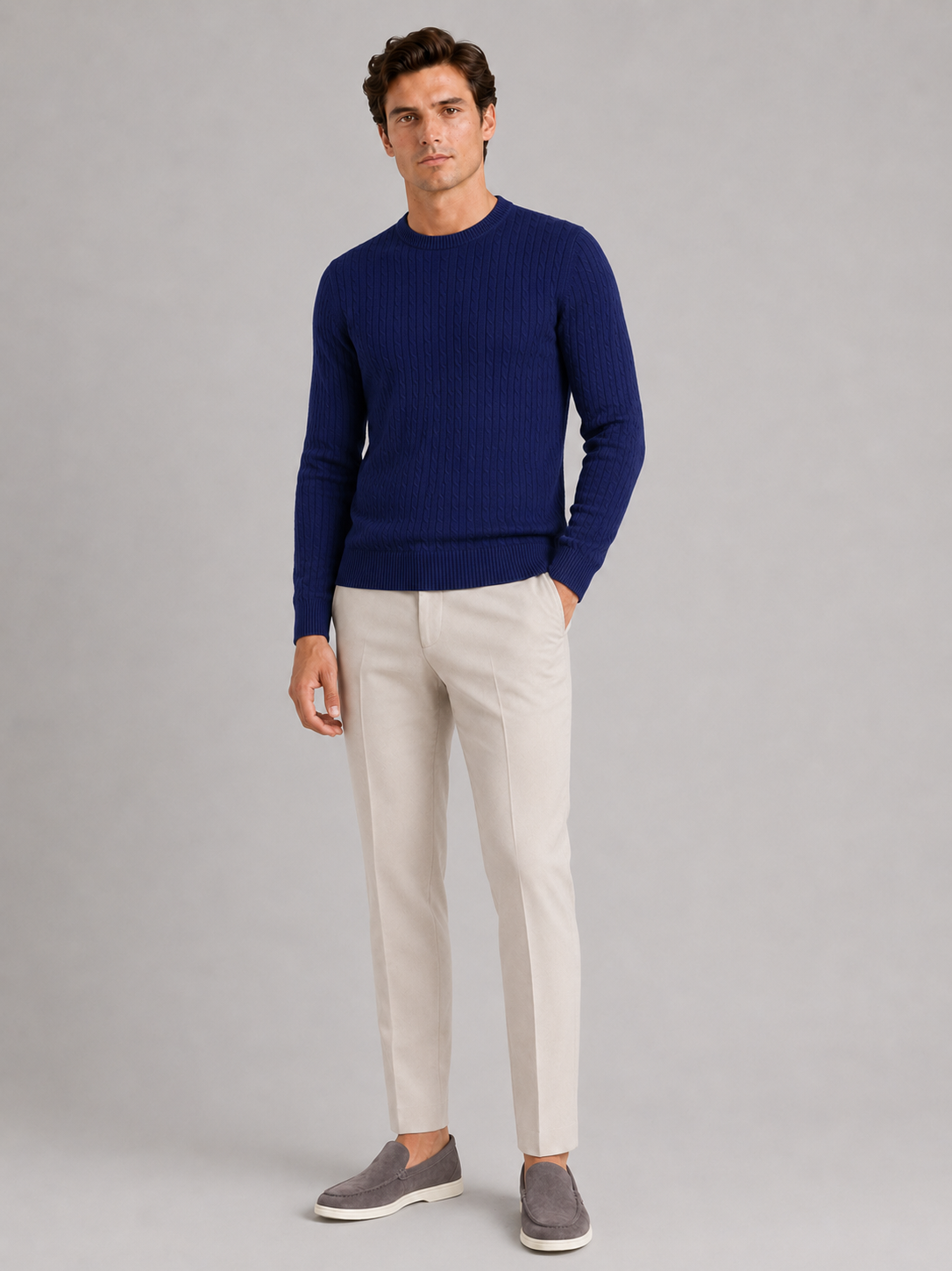 Navy crew neck cable knit sweater for men lightweight pullover for everyday spring wear