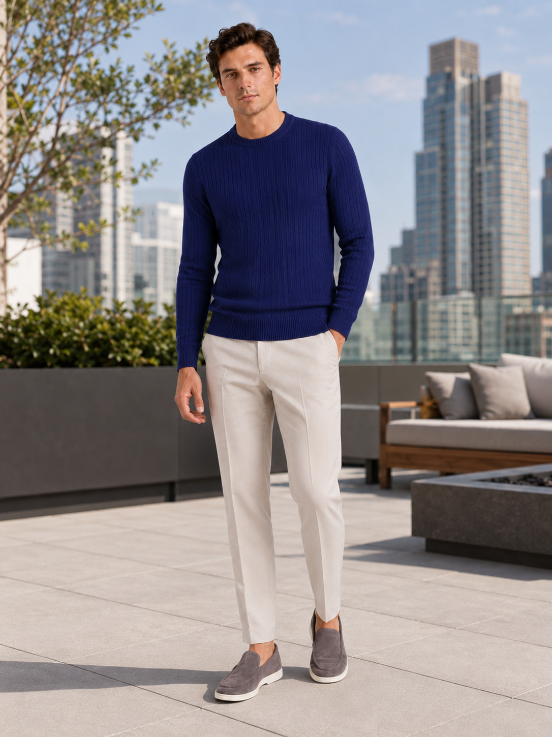 Man styling navy cable knit crew neck sweater in a classic spring lifestyle outfit