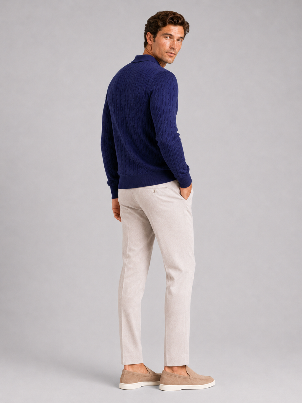 Men’s navy cable knit polo sweater comfortable top for refined business casual outfits