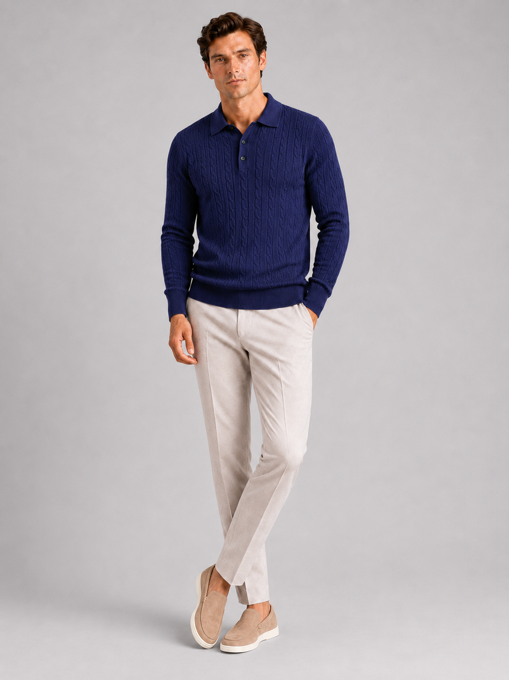 Navy long sleeve cable knit polo for men warm winter layer for everyday wear