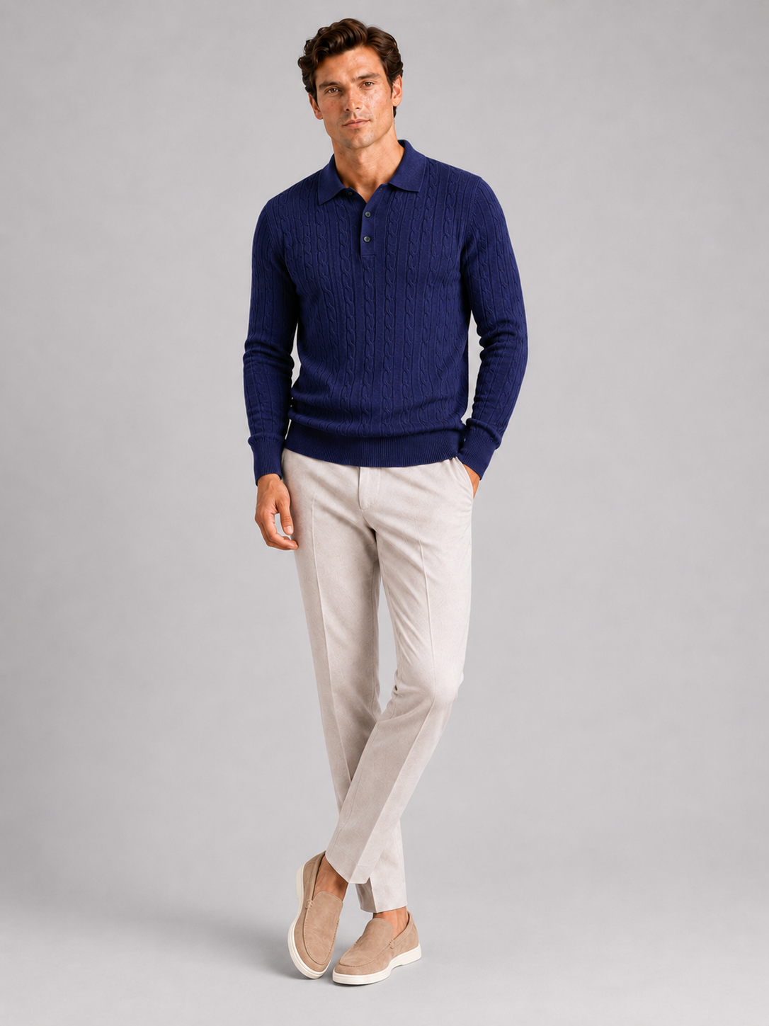 Navy long sleeve cable knit polo for men warm winter layer for everyday wear