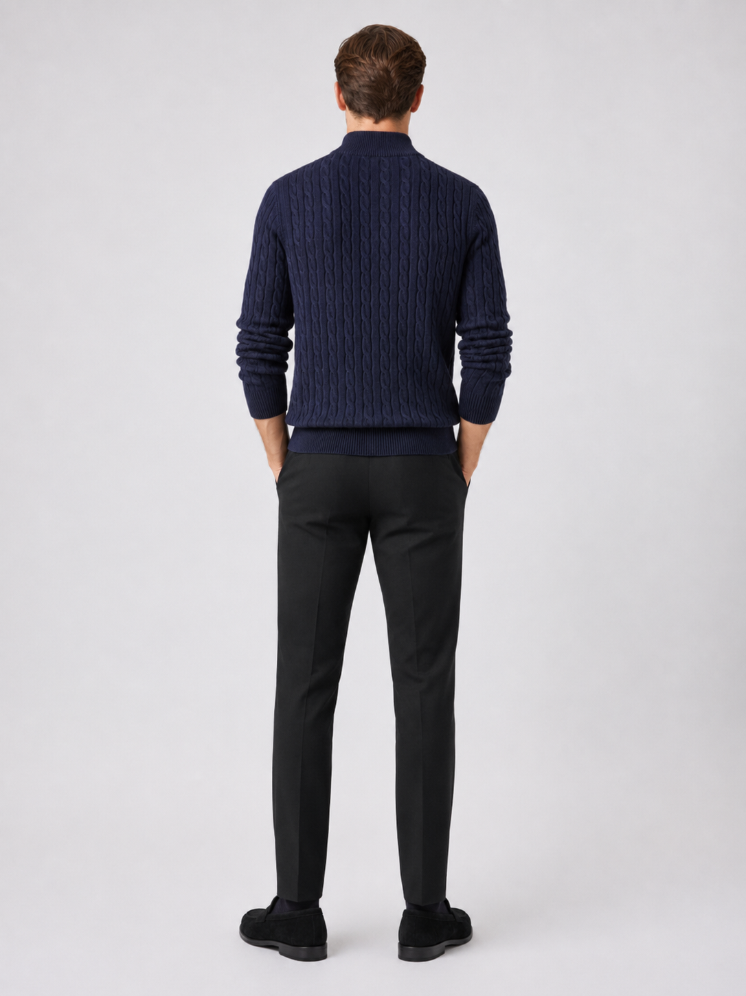 Men’s navy mock neck knit sweater comfortable cold weather layer for business casual outfits