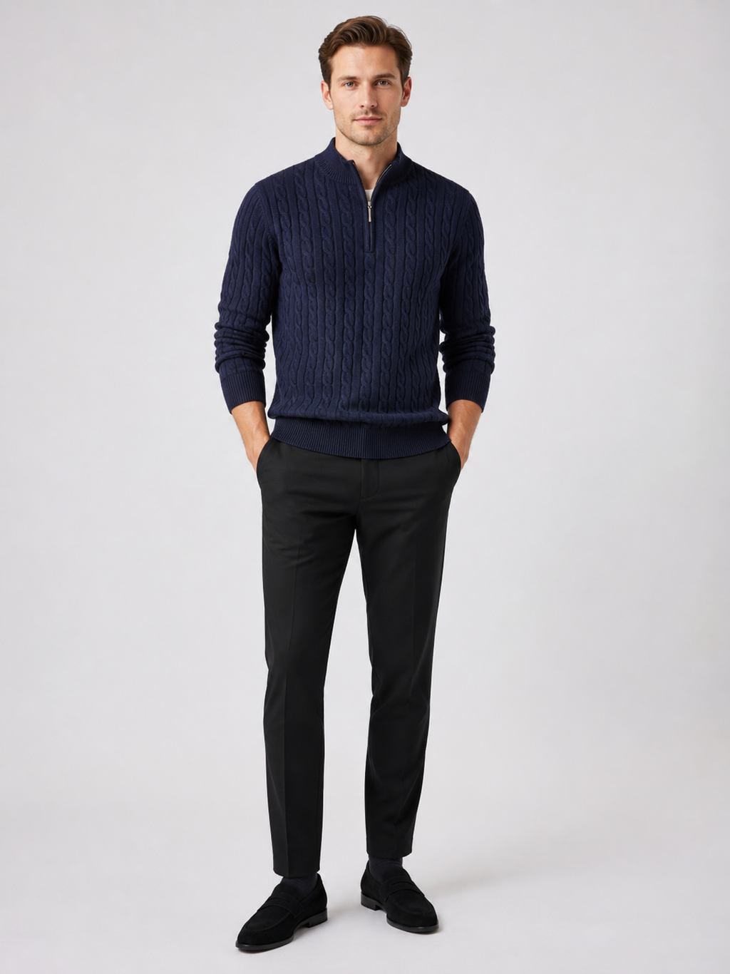 Navy quarter zip cable knit sweater for men thick warm pullover for everyday winter wear