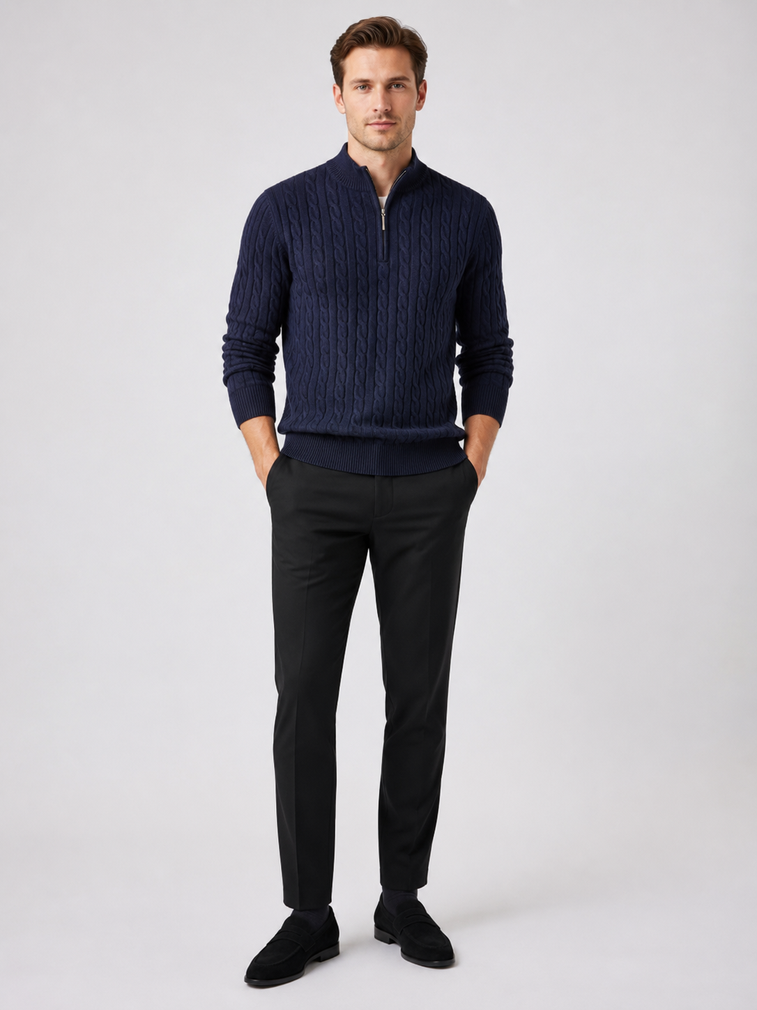 Navy quarter zip cable knit sweater for men thick warm pullover for everyday winter wear