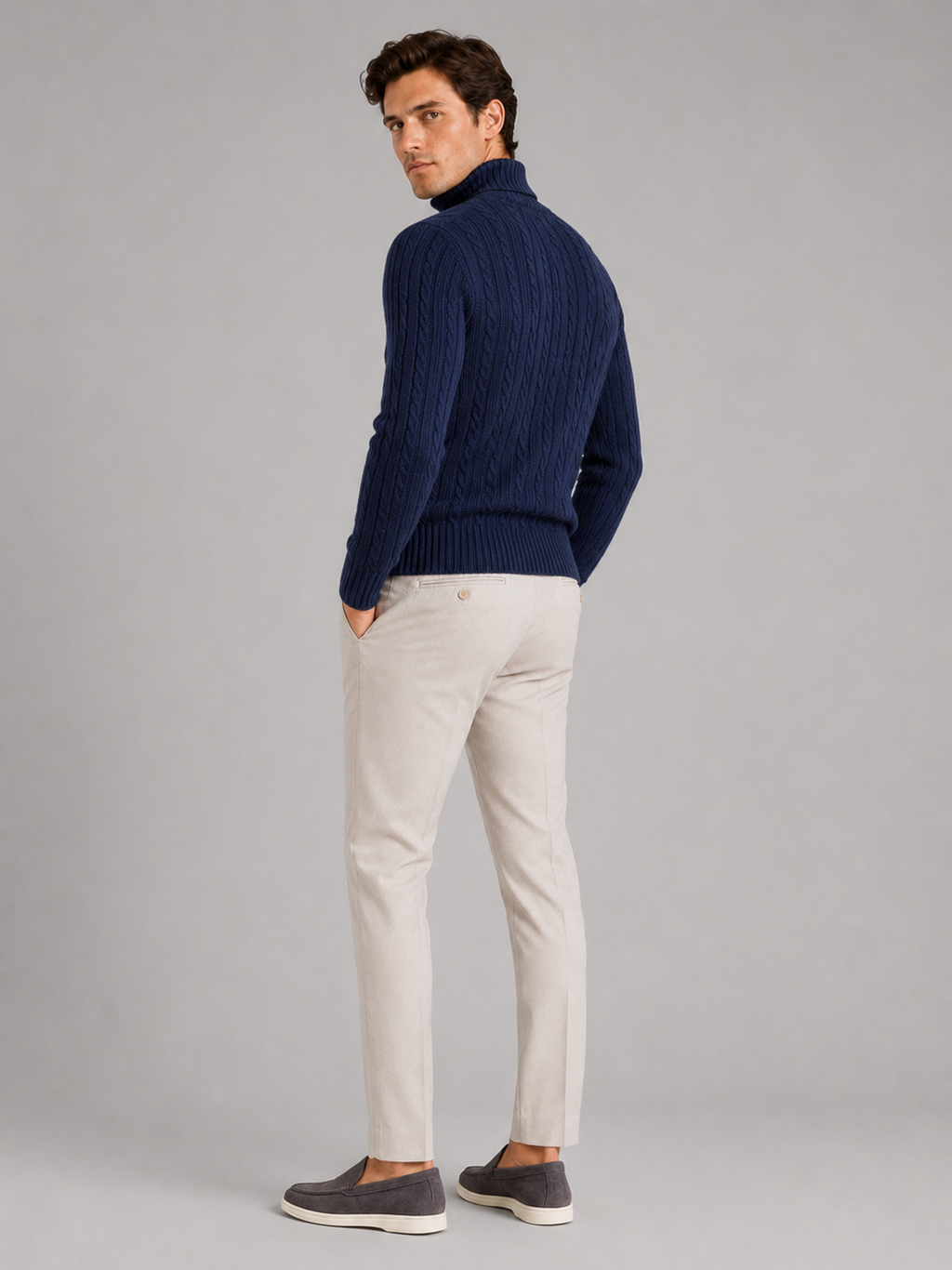 Men’s navy heavyweight knit turtleneck warm sweater for refined cold weather outfits