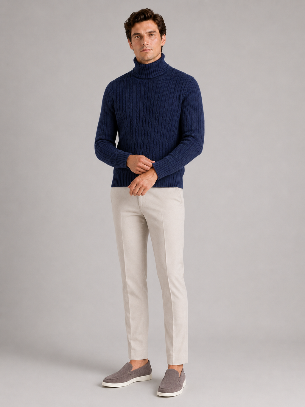 Navy cable knit turtleneck sweater for men slim fit heavyweight pullover for winter wear