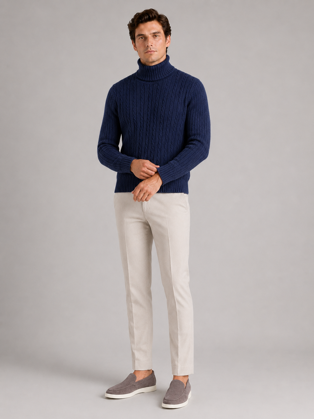 Navy cable knit turtleneck sweater for men slim fit heavyweight pullover for winter wear