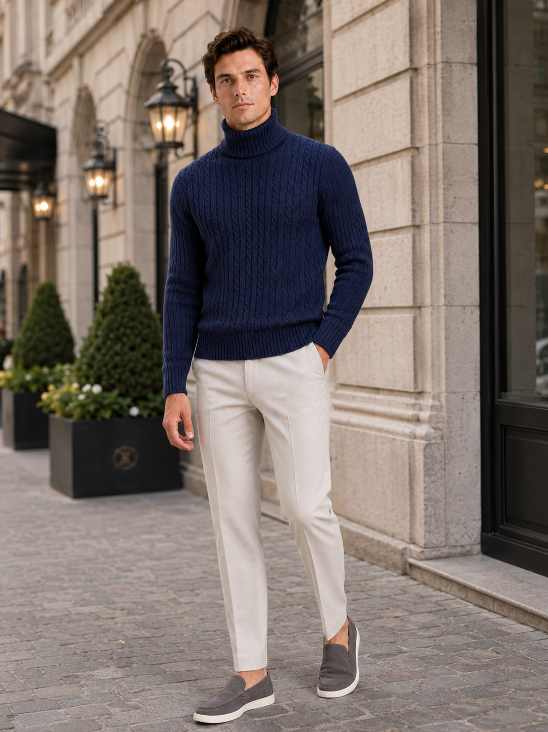Man styling navy cable knit turtleneck sweater in a polished winter lifestyle outfit