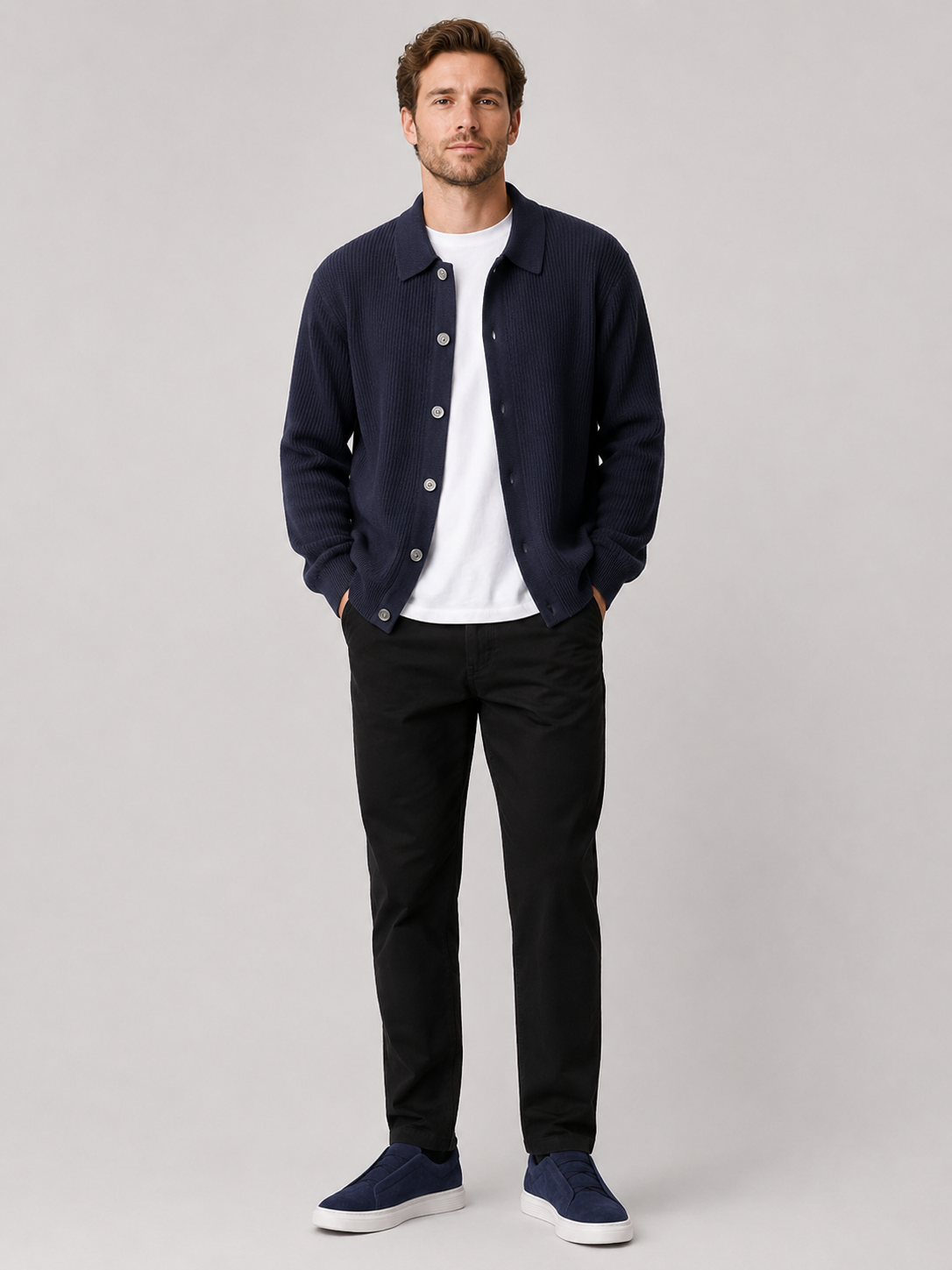Navy open front cardigan sweater for men loose fit layering piece for everyday wear