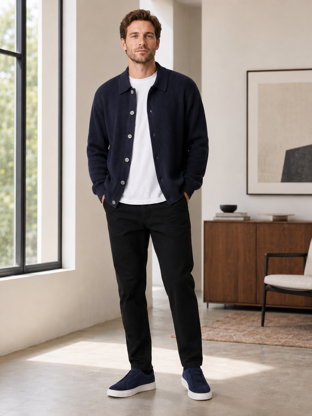 Man styling navy open front cardigan sweater in a refined everyday lifestyle outfit