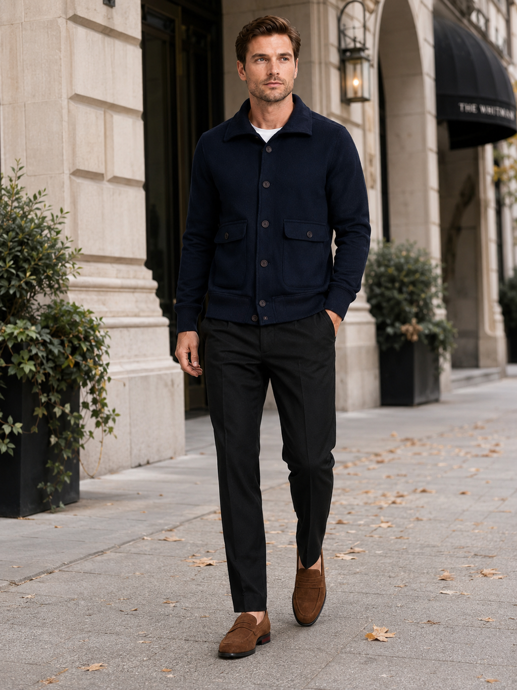 Man styling navy chore jacket in a classic outdoor and everyday fall winter lifestyle outfit
