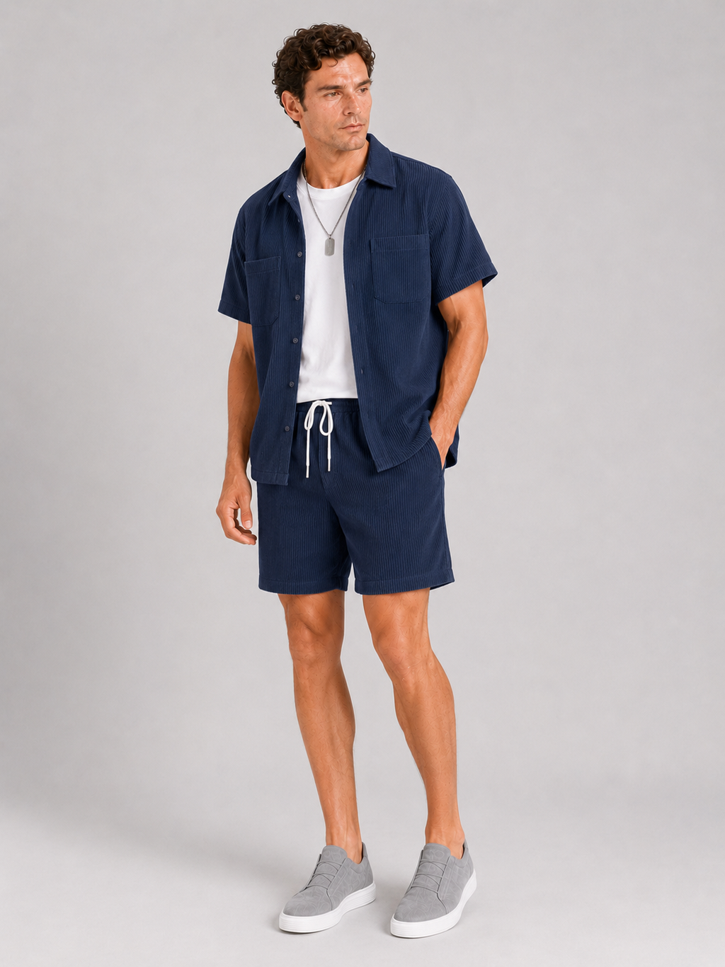 Navy corduroy matching shirt and shorts set for men relaxed summer beachwear outfit