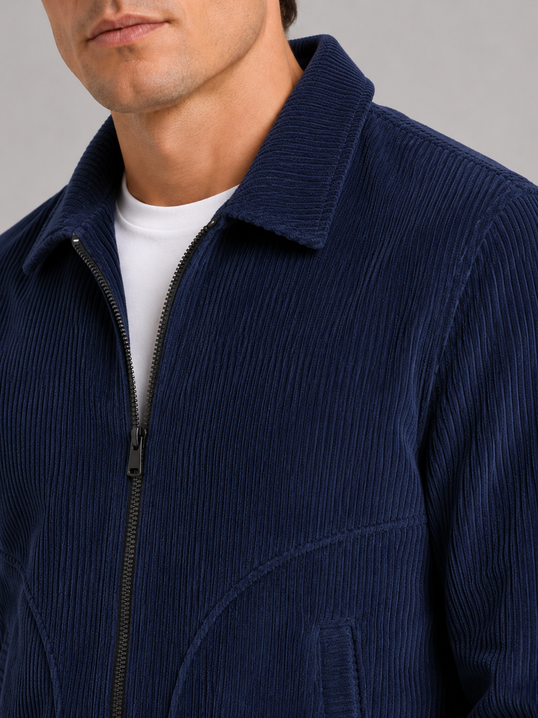Close up of navy corduroy jacket showing soft ribbed texture and warm fabric detail