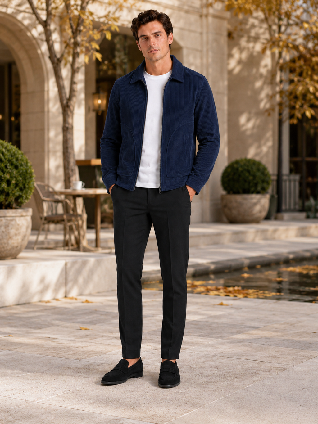 Man styling navy corduroy jacket in a refined outdoor fall lifestyle outfit