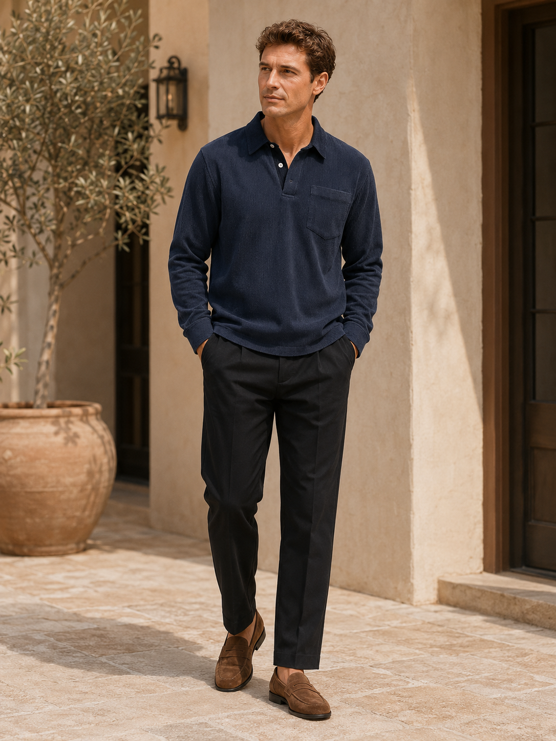 Man wearing a navy corduroy long sleeve polo shirt in a casual fall everyday outfit