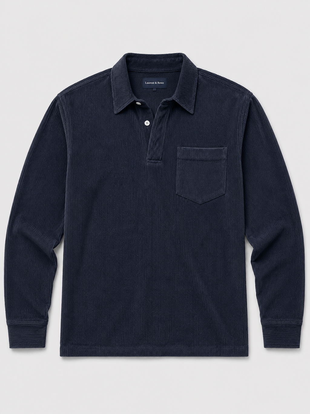 Navy men’s corduroy long sleeve polo shirt with a contrast turn-down collar displayed on a plain background