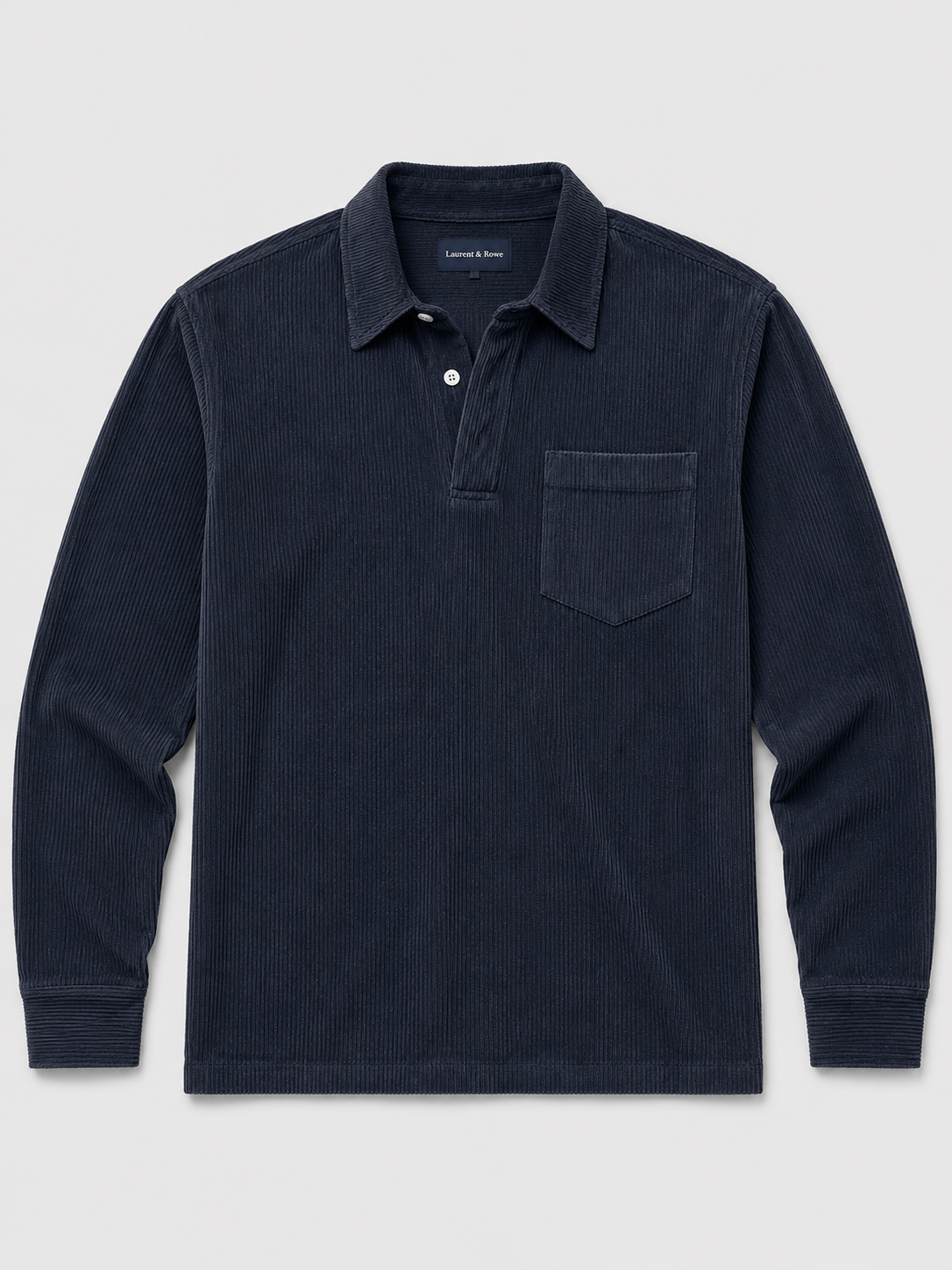 Navy men’s corduroy long sleeve polo shirt with a contrast turn-down collar displayed on a plain background