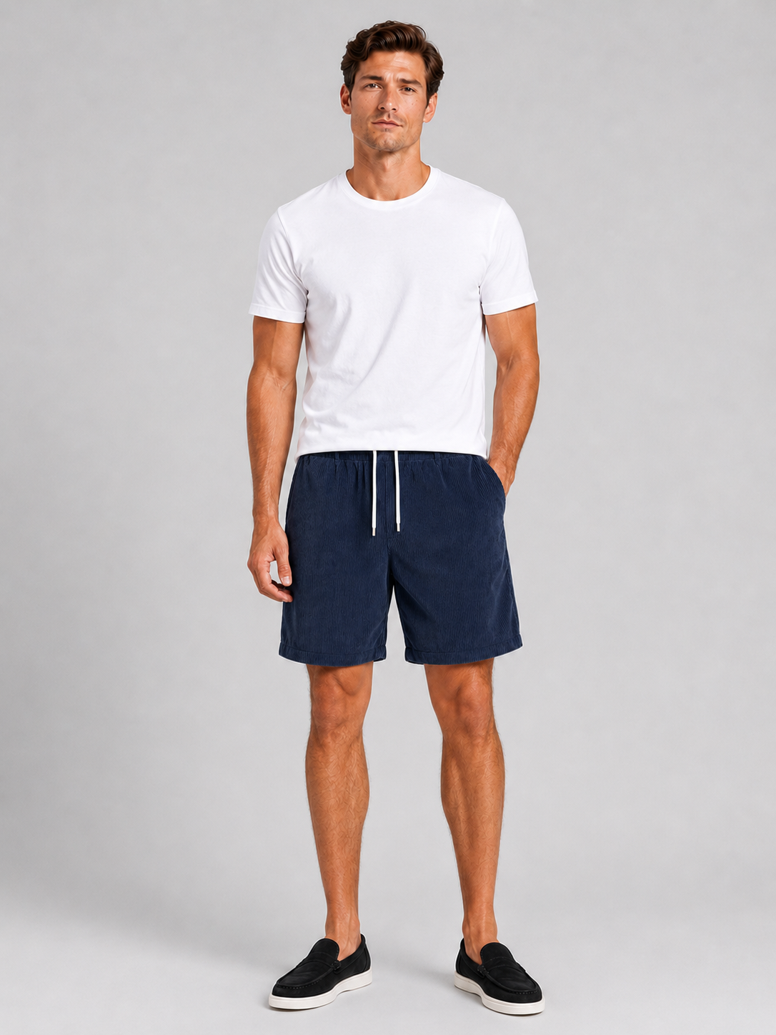 Men wearing navy corduroy shorts drawstring loose fit summer casual beach style