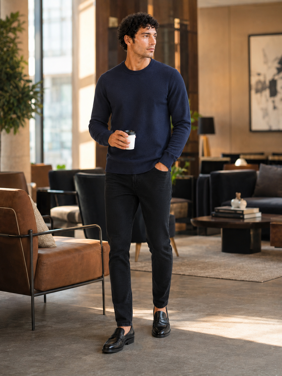 Man styling navy crew neck knit sweater in a refined fall lifestyle outfit