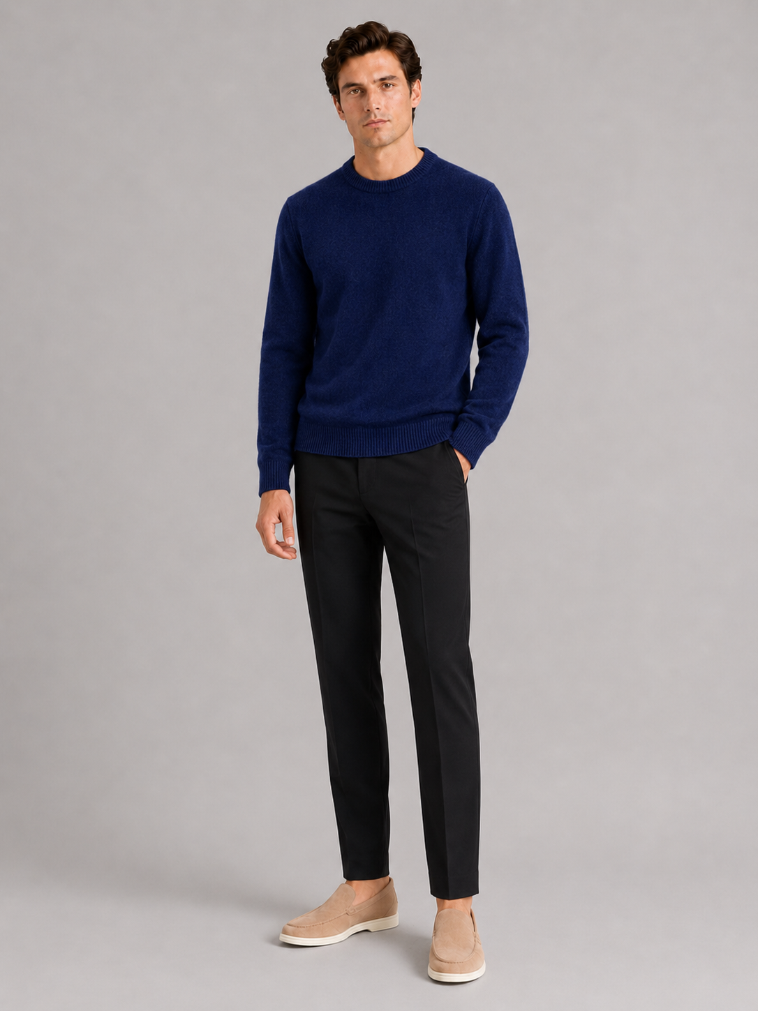 Navy crewneck sweater for men loose fit pullover for everyday fall winter wear
