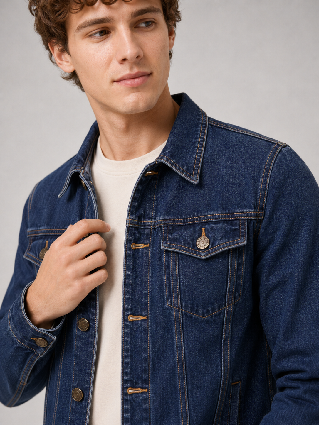 Close up of navy denim jacket showing washed cotton texture and vintage stitching detail