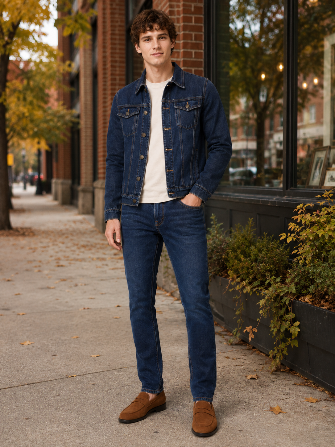 Man styling navy denim jacket in a refined streetwear and everyday lifestyle outfit