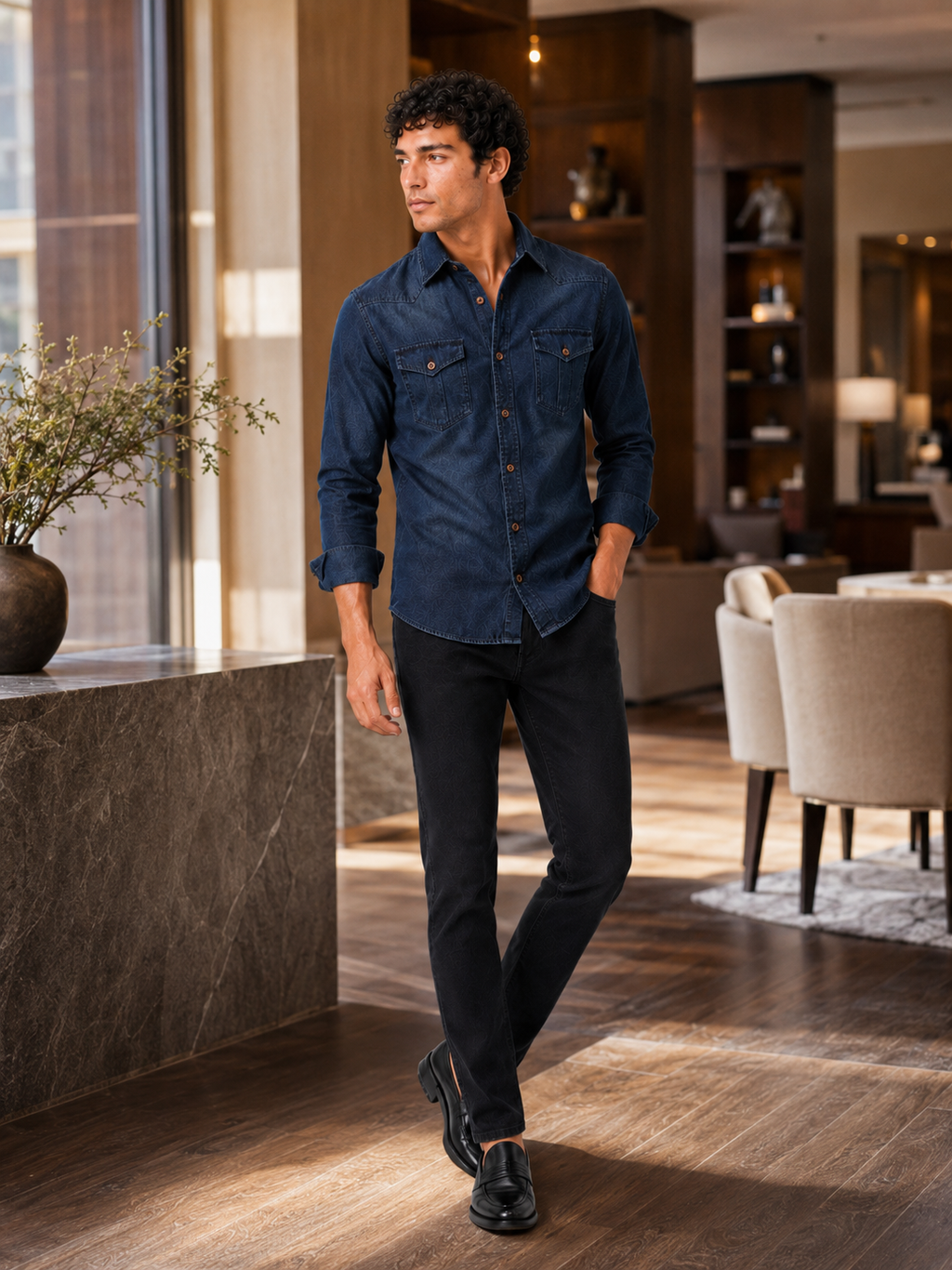 Man styling navy denim shirt in a rugged casual western workwear outfit