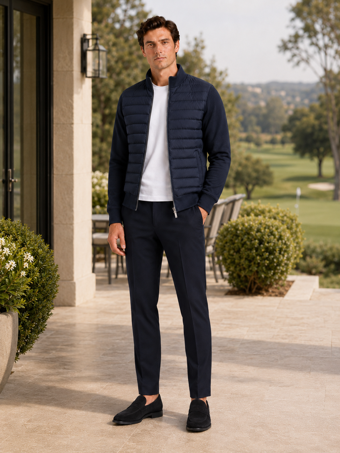 Man styling navy stand collar down jacket in a refined golf and everyday lifestyle outfit