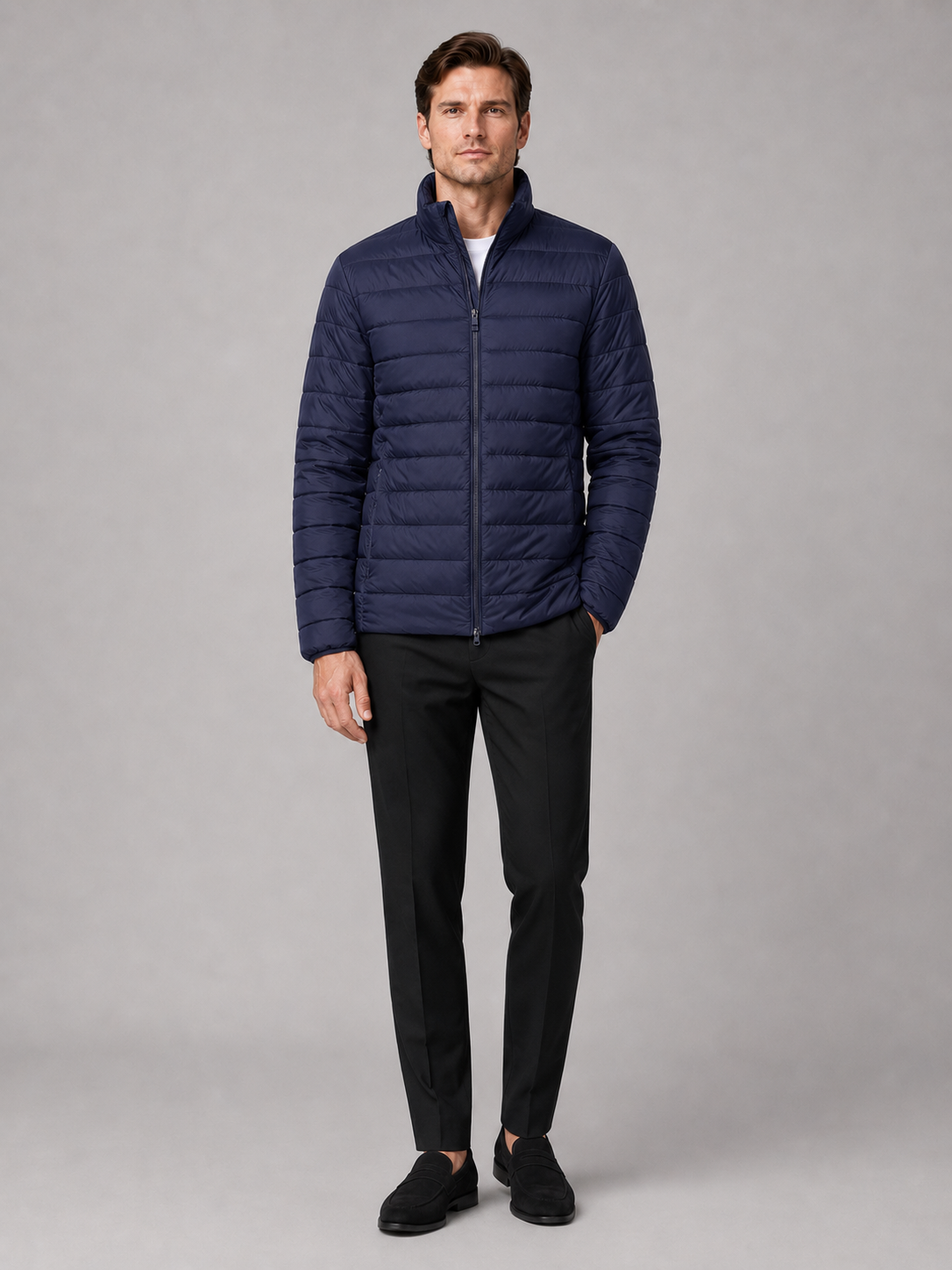 Navy down puffer jacket for men warm windproof waterproof winter coat for outdoor and everyday wear