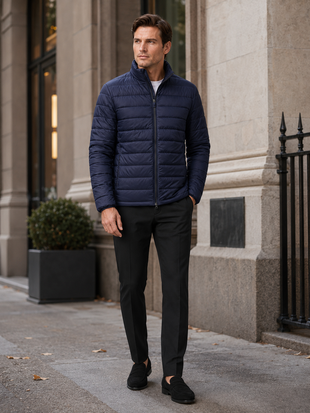 Man styling navy down puffer jacket in a classic outdoor and everyday winter lifestyle outfit