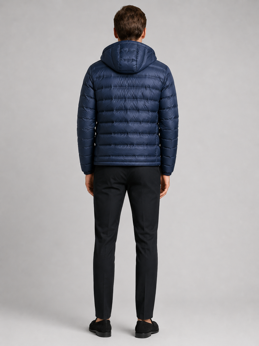 Men’s navy hooded puffer jacket comfortable insulated outerwear for hiking, travel, and casual outfits