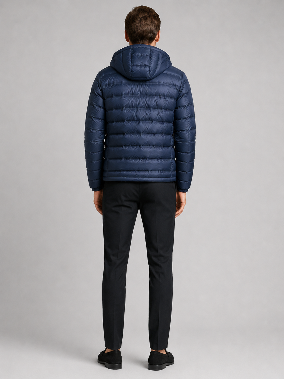 Men’s navy hooded puffer jacket comfortable insulated outerwear for hiking, travel, and casual outfits