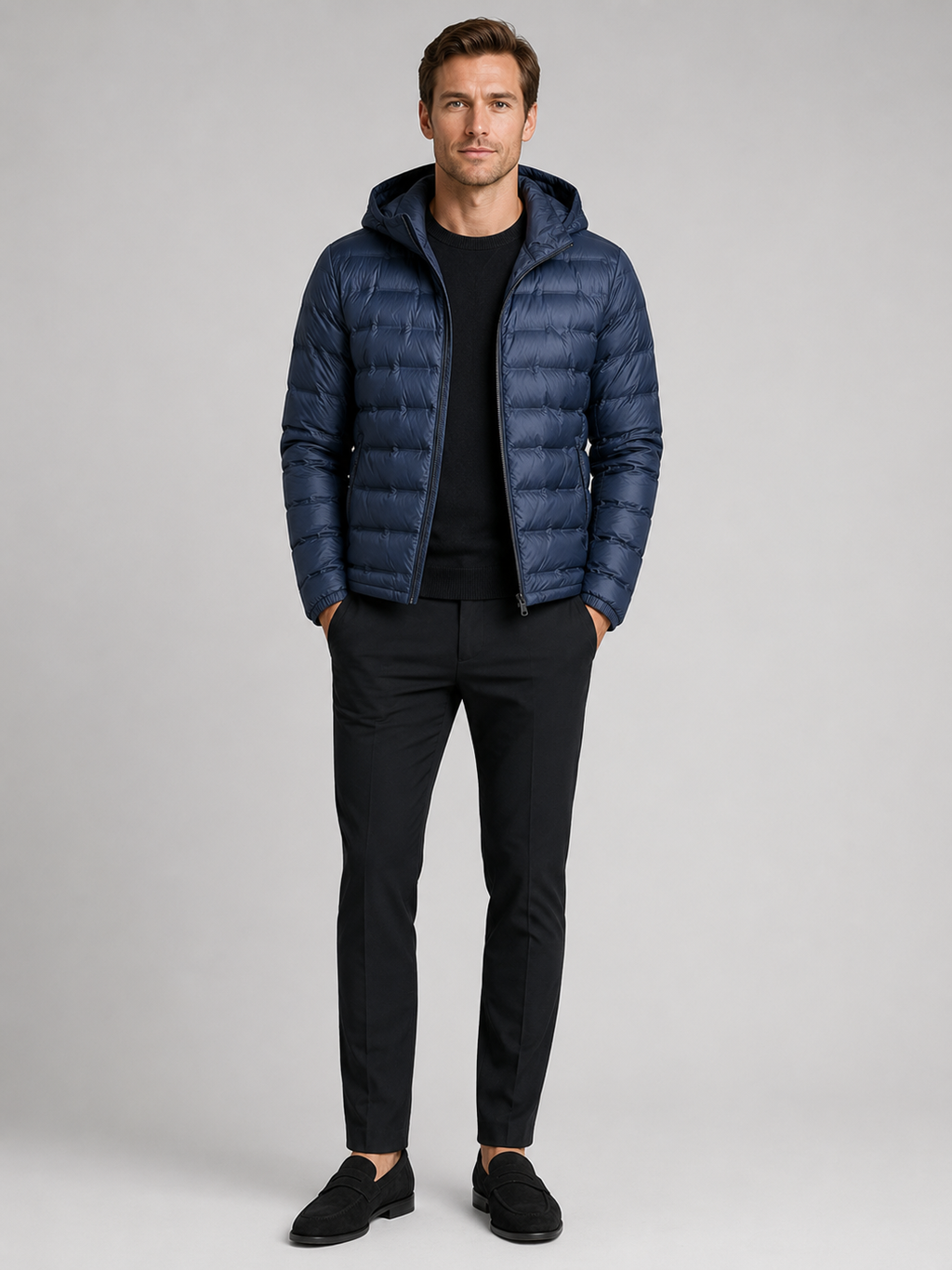 Navy down puffer jacket for men lightweight windproof waterproof winter coat for outdoor and everyday wear
