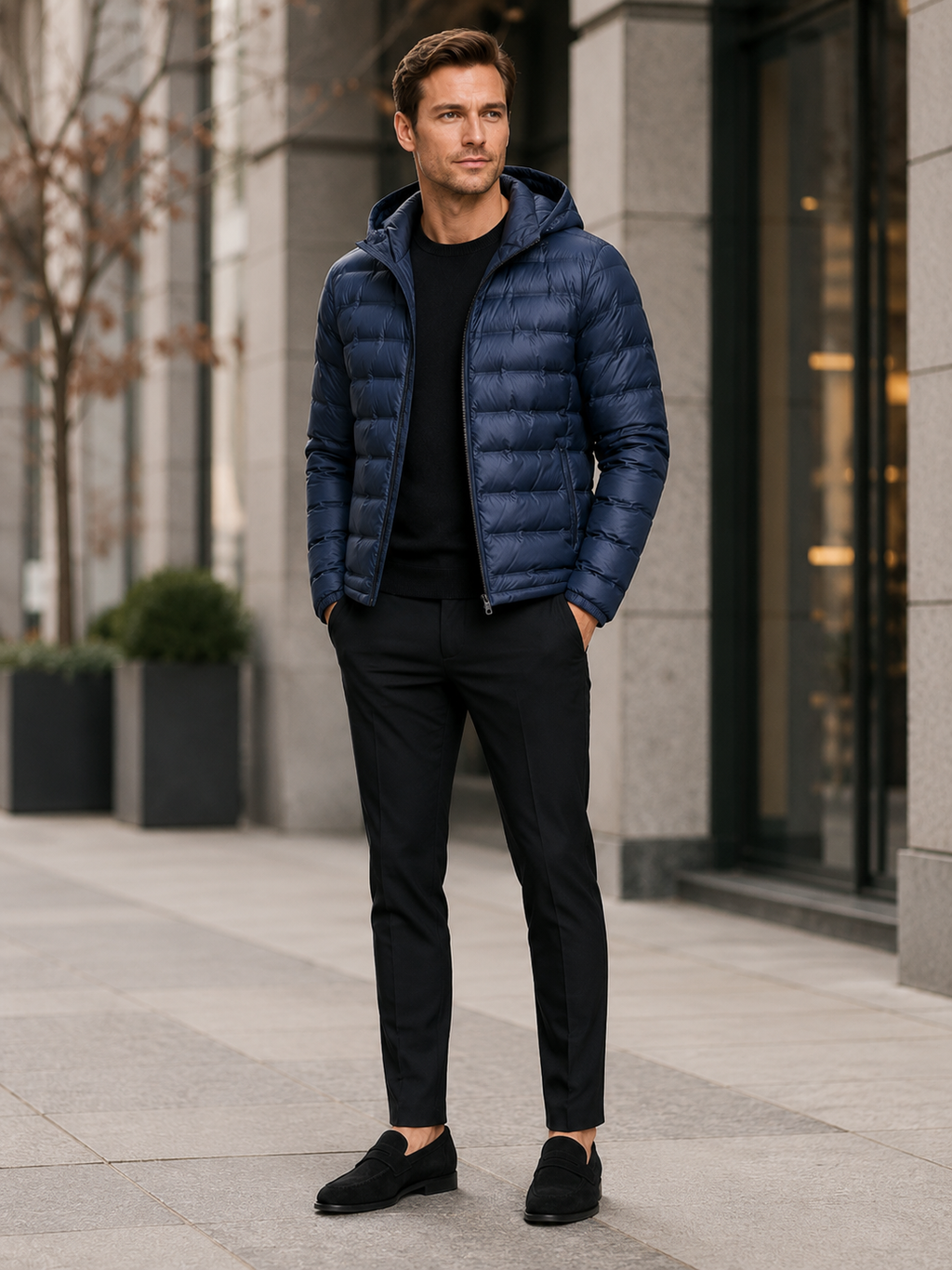 Man styling navy hooded down puffer jacket in a classic outdoor and everyday winter lifestyle outfit