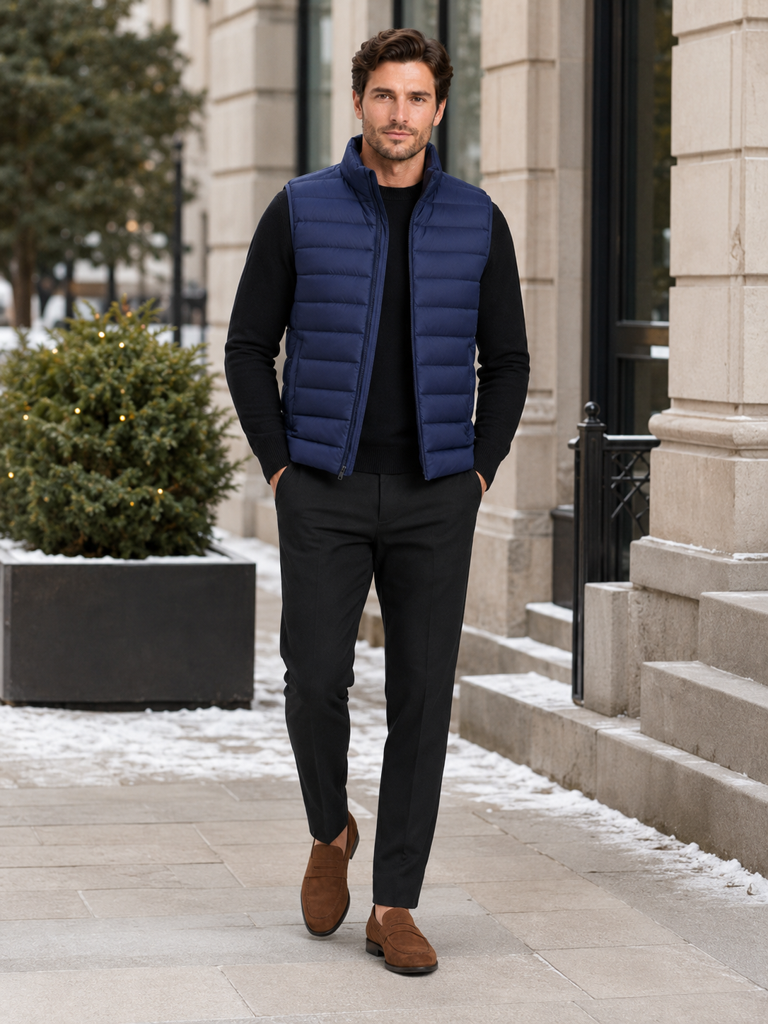 Man styling navy down vest in a classic outdoor and everyday winter lifestyle outfit