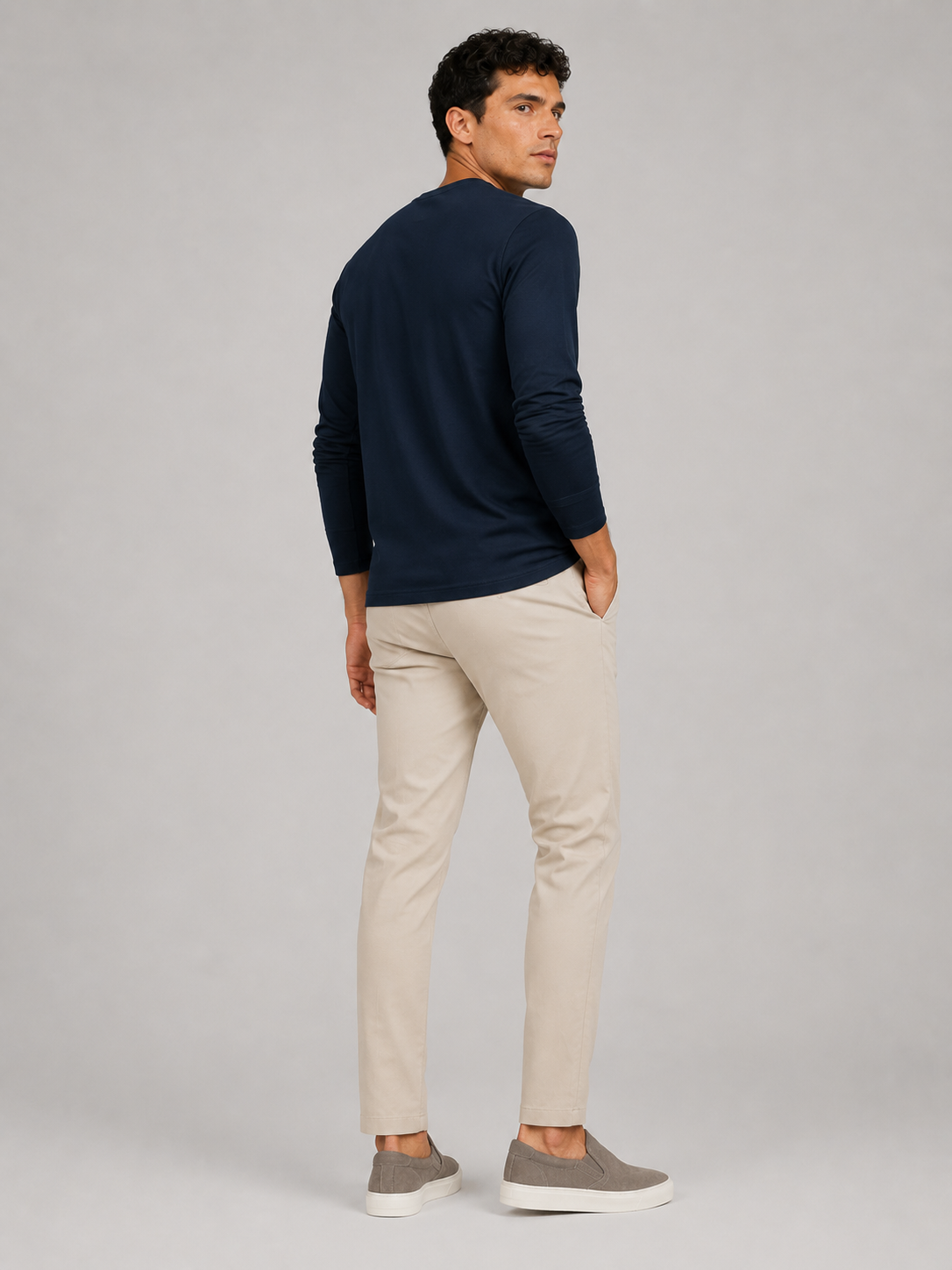 Men’s navy crew neck long sleeve shirt slim fit comfortable spring wear