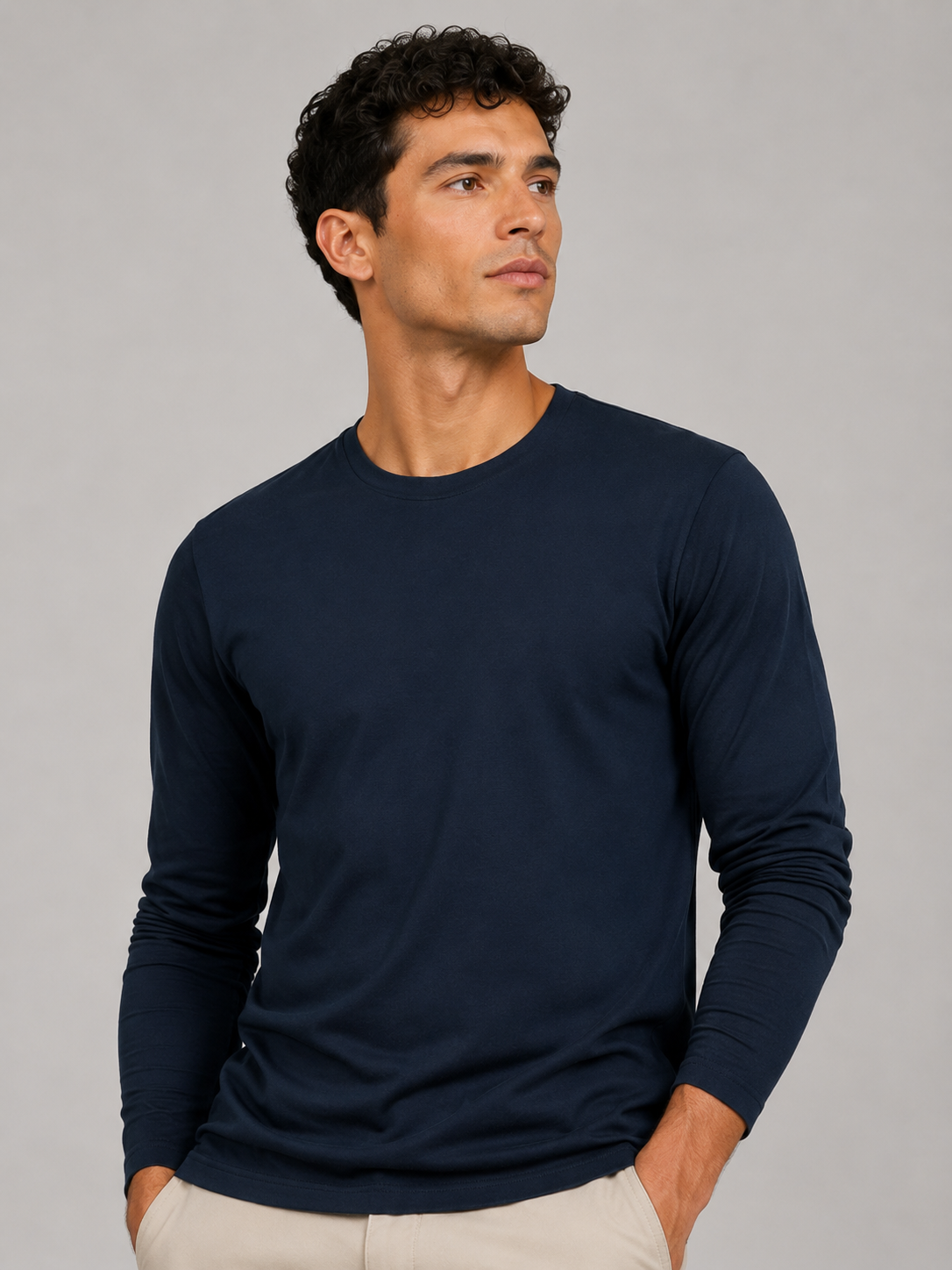 Navy fitted long sleeve t shirt for men soft breathable everyday casual top