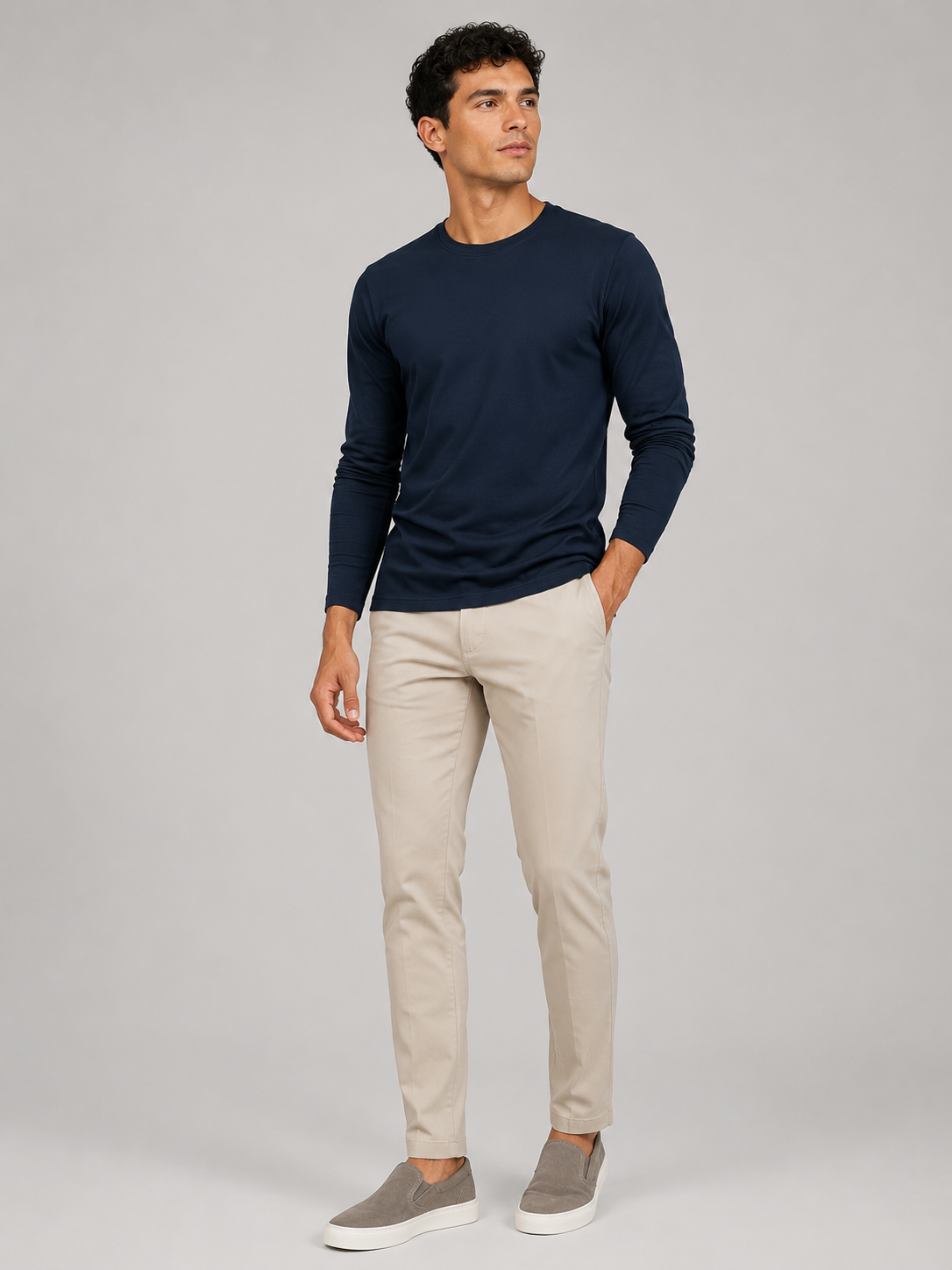 Navy solid color long sleeve t shirt minimal fitted basic top for casual outfits