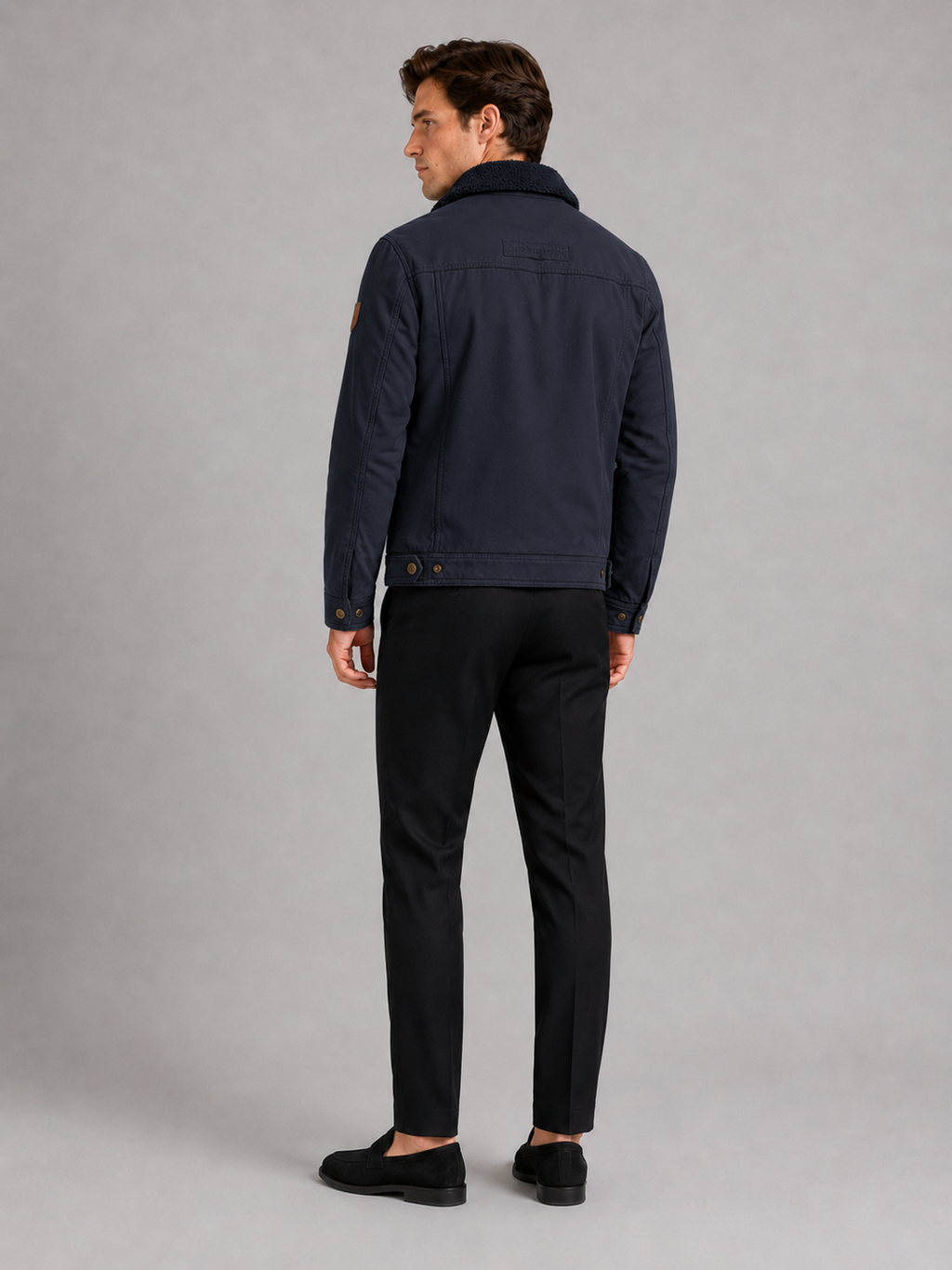 Men’s navy windproof winter jacket with fur collar comfortable cold weather coat for casual outfits