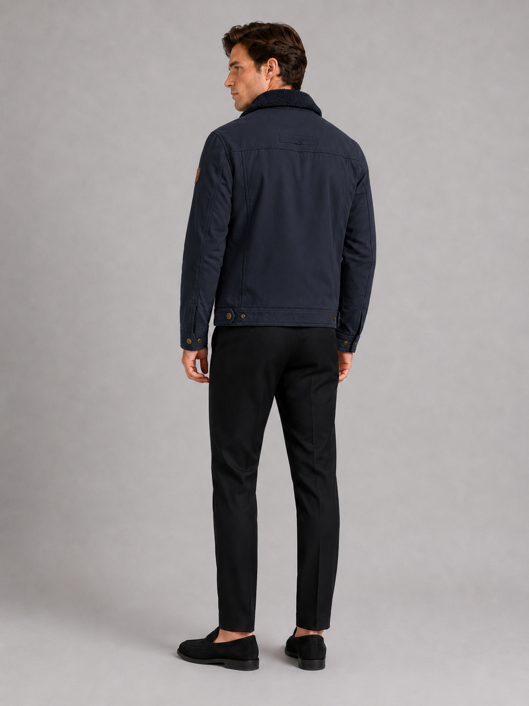 Men’s navy windproof winter jacket with fur collar comfortable cold weather coat for casual outfits
