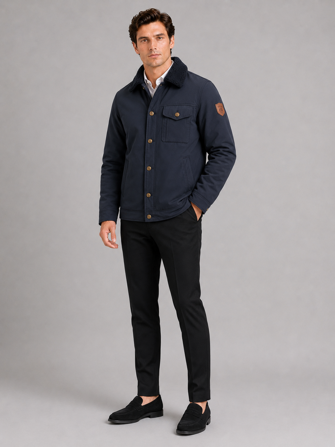 Navy fleece lined jacket for men thick warm outerwear for outdoor and everyday winter wear
