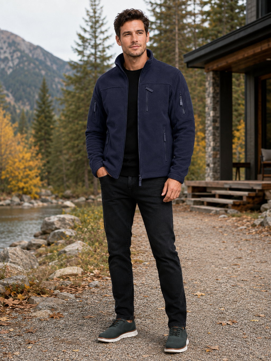 Man wearing a navy windproof fleece jacket for hiking, work, and outdoor activities in fall and winter