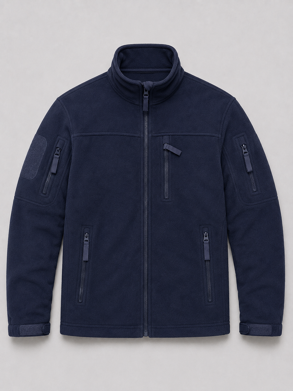 Navy men’s windproof full zip fleece jacket with zipper pockets displayed on a plain background