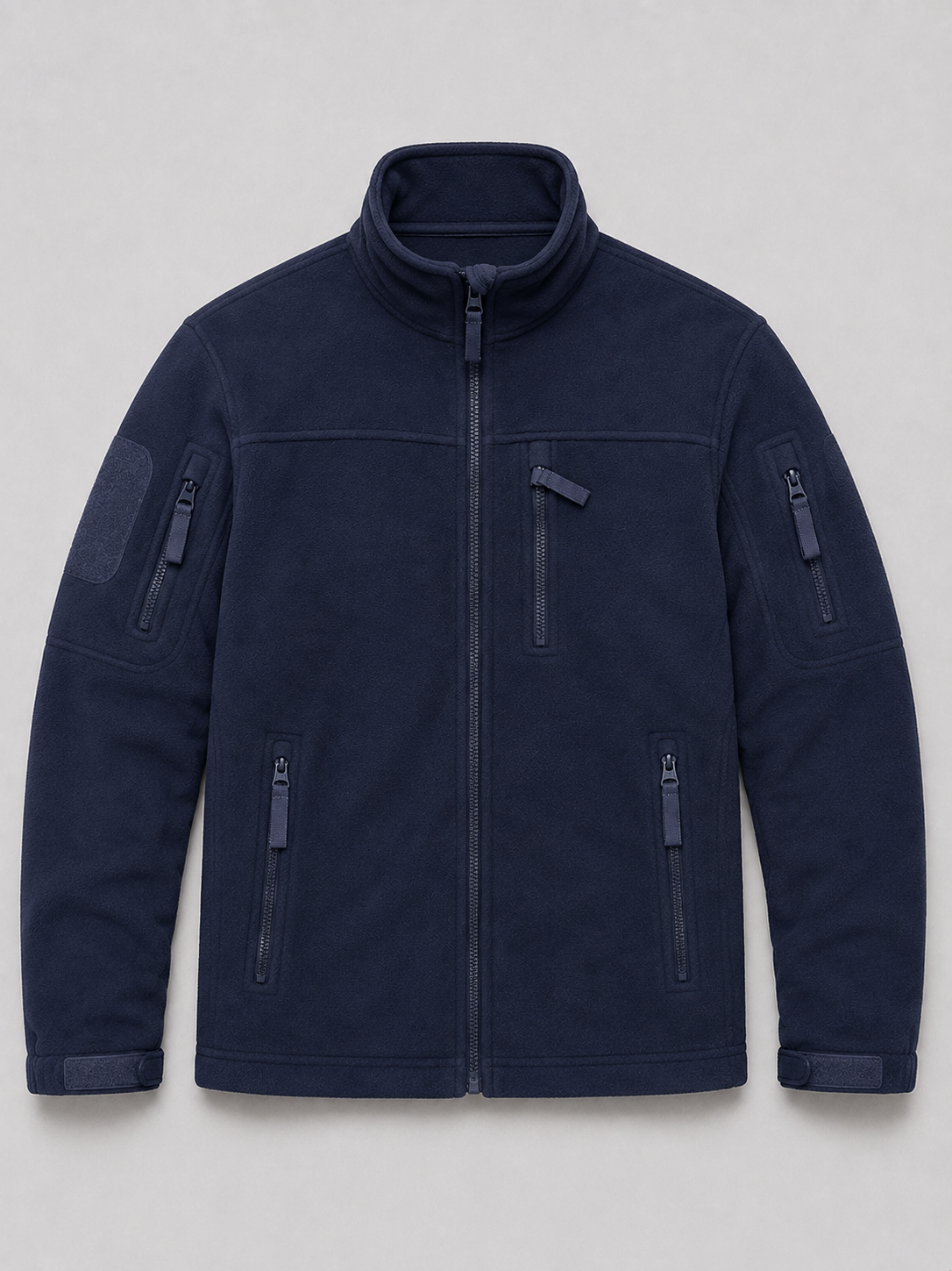 Navy men’s windproof full zip fleece jacket with zipper pockets displayed on a plain background